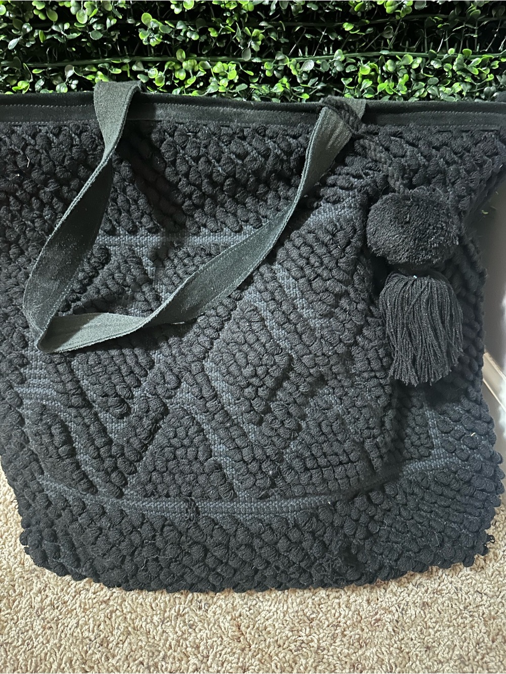 Panache Black Knitted Tote with Tassel Pom Detail
